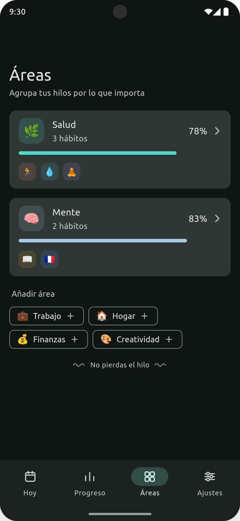 Pantalla de Áreas en Hilo Diario